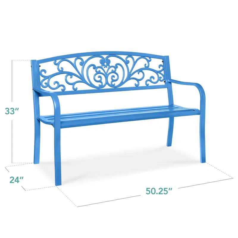 World Menagerie Outdoor Steel Bench with Floral Backrest & Slatted Seat, Marigold for Garden, Patio, Porch, Lawn, and Deck