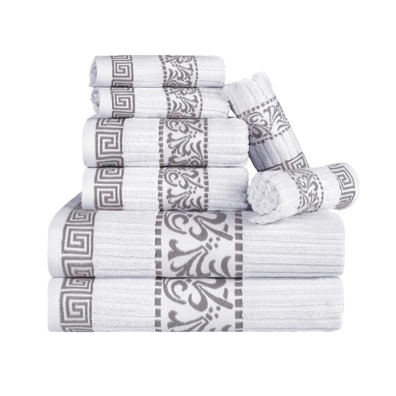 Superior Athens Cotton Medium Weight Floral Border Greek Key Trim 8 Piece Assorted Towel Set by Superior