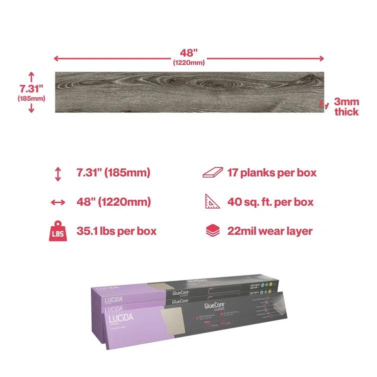 Lucida USA GlueCore Classic 22mil x 7.3" W x 48" L Glue Down Vinyl Tile Flooring