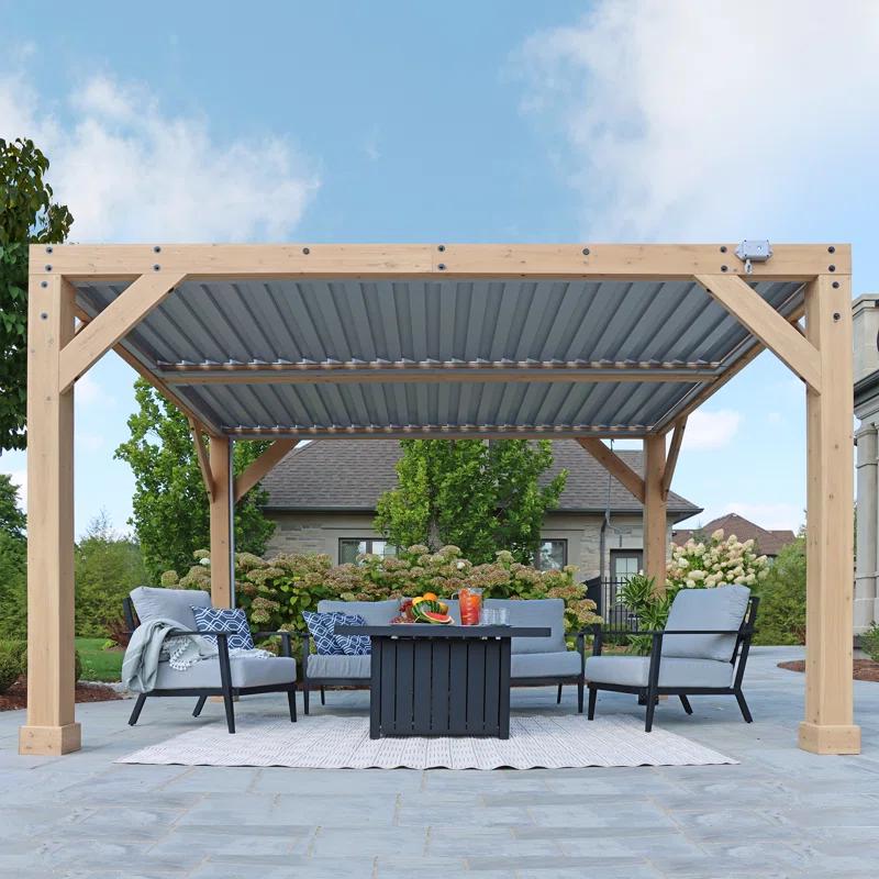 Yardistry 10' x 12' Meridian Louvered Pergola  Premium Cedar Wood Structure with Adjustable Aluminum Louvers and Built-In Gutter System for Outdoor Shade and Rain Protection