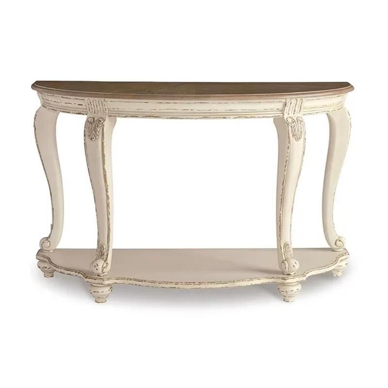 Realyn Demilune Sofa Table with Storage in Distressed White/Brown