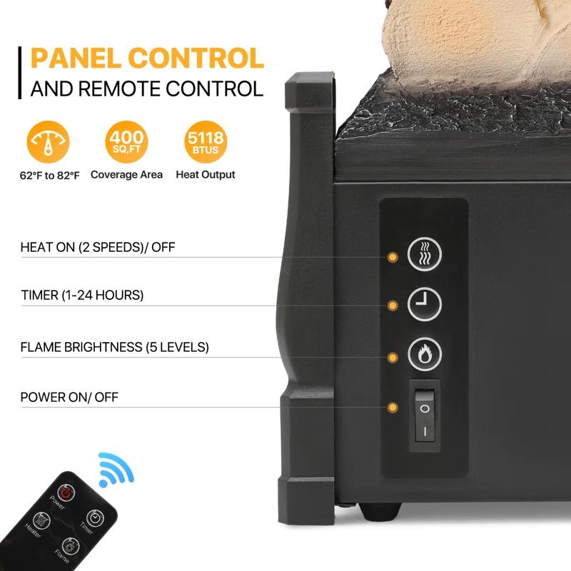 20" Electric Fireplace Log Set Heater with Realistic Ember Bed, Remote, Adjustable Flame Brightness