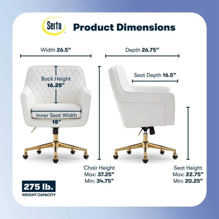 Serta Serta Ashleigh Modern Office Chair, Diamond-Tufted Design, Pocket Coil Cushion, Polished Swivel Base