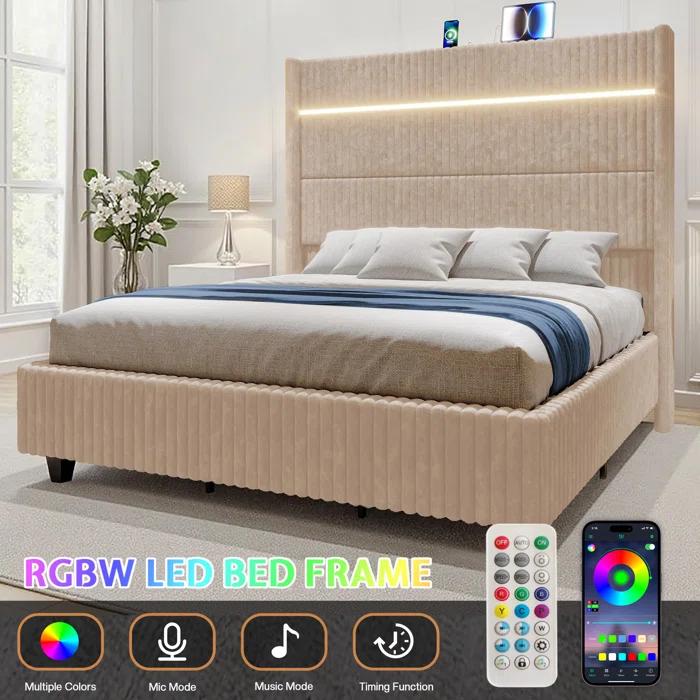 Ivy Bronx LED Bed Frame, Corduroy Upholstered Platform with 60" Tall Headboard & Charging Station