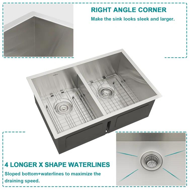 Lordear 28" L x 19" W Undermount Double Bowl 50/50 Kitchen Sink Double Basin 16 Gauge Stainless Steel Sink L28UKS255