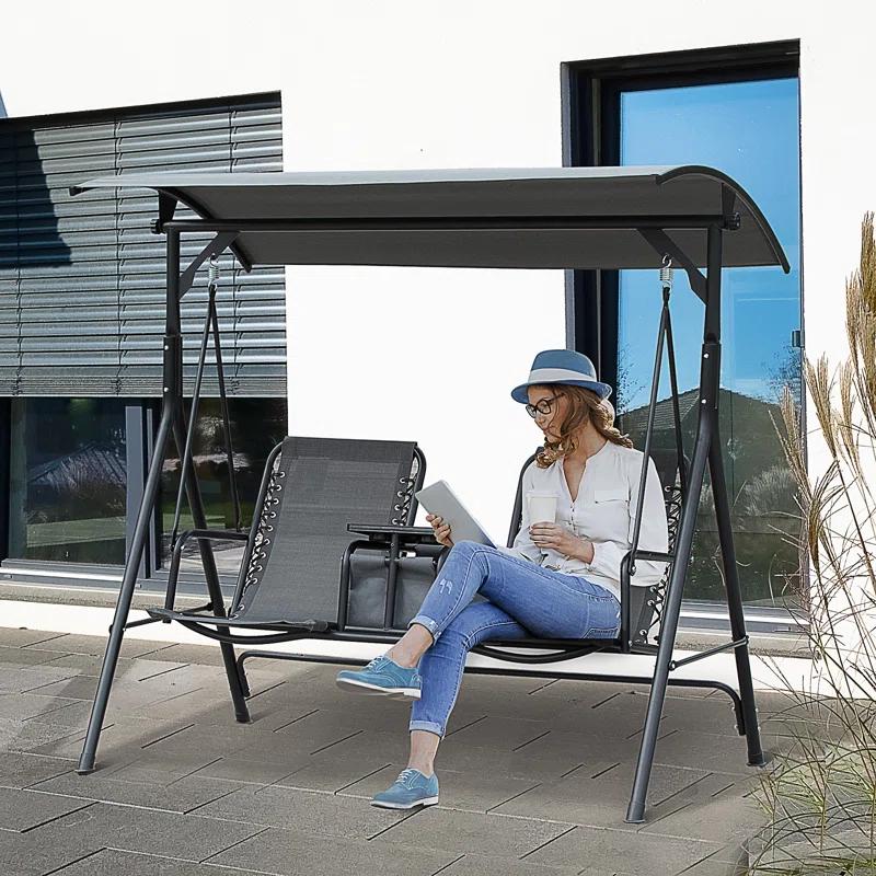 Arlmont & Co. Atay 2 Person Covered Porch Swing with Pivot Storage Table, Cup Holder, & Adjustable Overhead Canopy