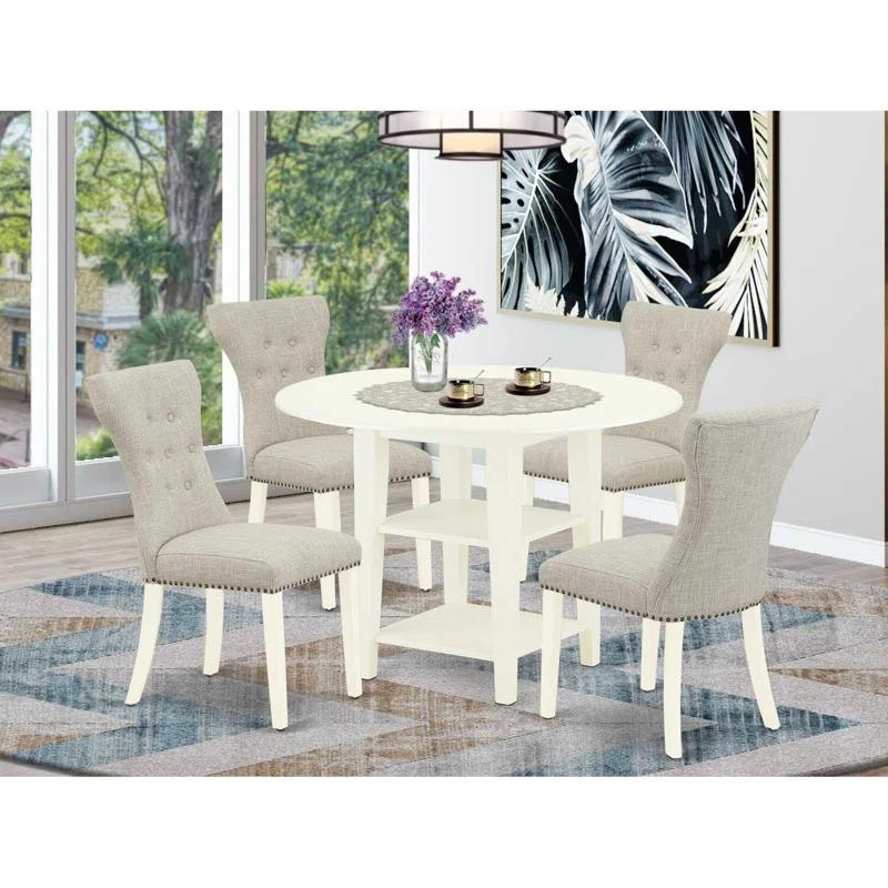 Rosalind Wheeler 5-Piece Linen White Finish Solid Wood Top - Round Dining Room Set with Leaf - Seats 4