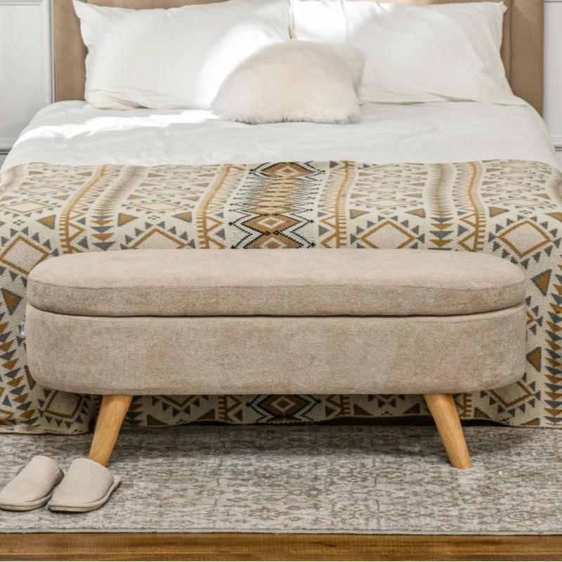 Corrigan Studio® Storage Ottoman Bench, 43.3" Teddy Fleece Upholstered End Of Bed Bench With Wood Legs And Padded Seat, Oval Modern Entryway Bench, Beige