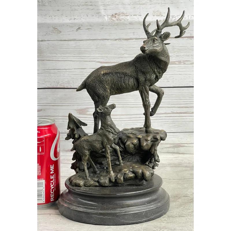Loon Peak® Signed Original Male Stag with his Baby Fawn Bronze Sculpture Marble Base Statue