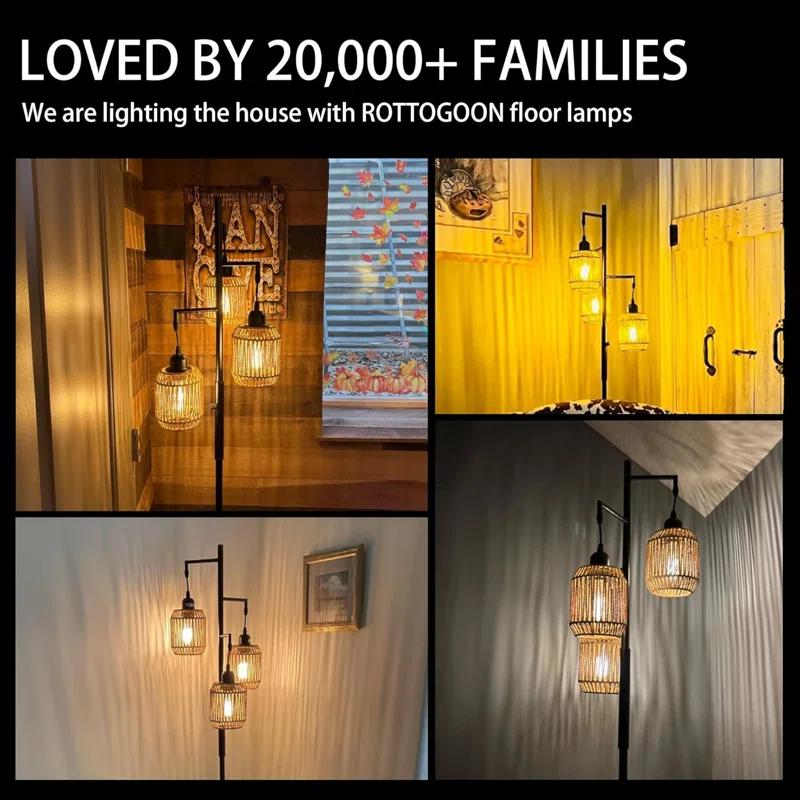 Breakwater Bay Dimmable Boho Floor Lamp - 3 Light Farmhouse Rattan Floor Lamp For Living Room, Industrial Tree Floor Lamps With 3 X 6W LED Bulbs, Rustic Standing Tall Lamp For Bedroom, 68", Black + Gray