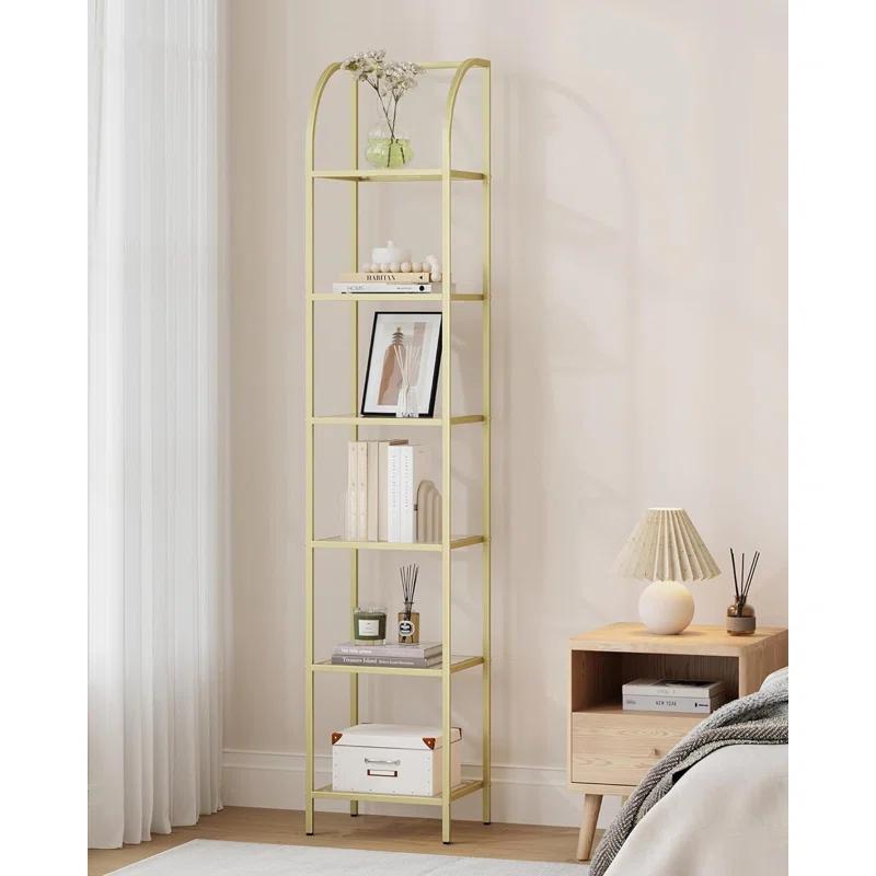 Mercer41 Bookcase Bookshelf, Tempered Glass Arched Bookshelf For More Storage, Slim Shelving Unit For Bedroom, Bathroom, Home Office, Steel Frame, 6 Tier Gold