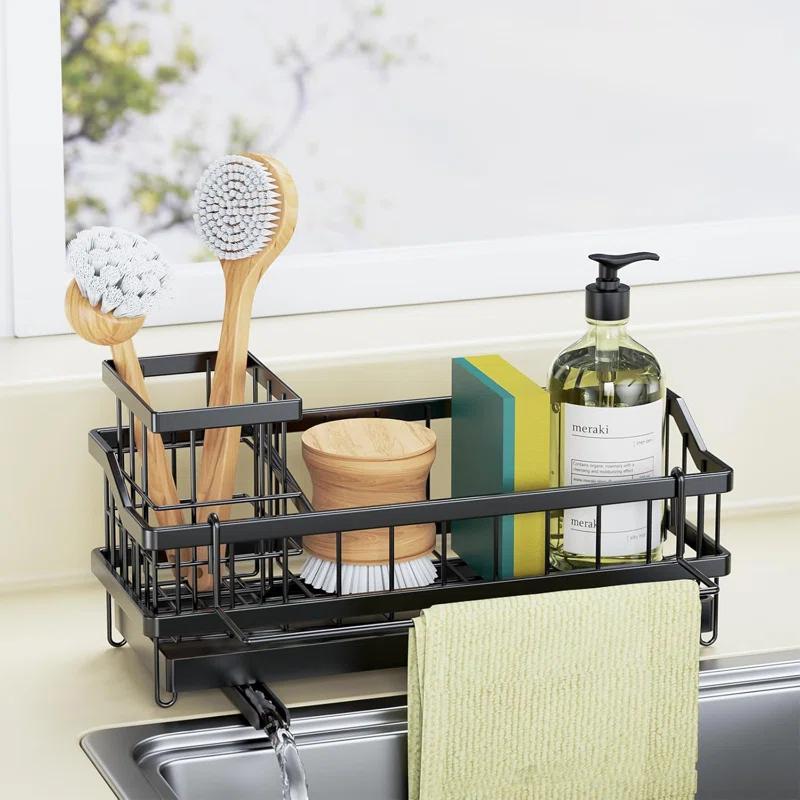 WKING Stainless Steel Kitchen Sink Caddy Organizer With Draining Tray, Rustproof Sponge Holder For Sink, Adjustable Compartments, Space-Saving Design