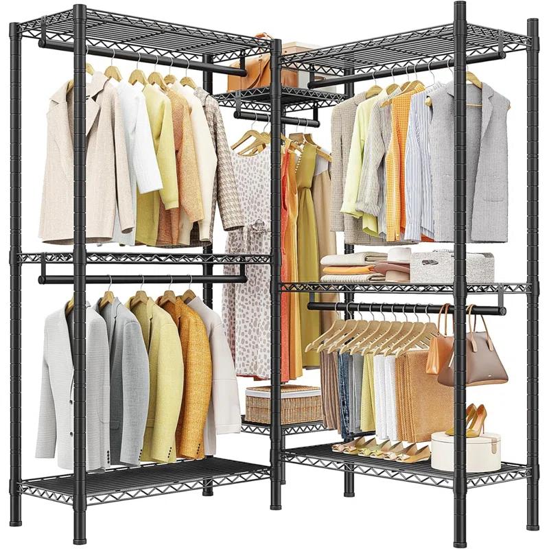 Rebrilliant Clothes Rack, 900LBS Heavy Duty Clothes Rack, Clothing Racks For Hanging Clothes, L Shaped Garment Rack For Corner Freestanding Wardrobe Closet Space Saver 74.5" W X 18" D X 77" H, Black