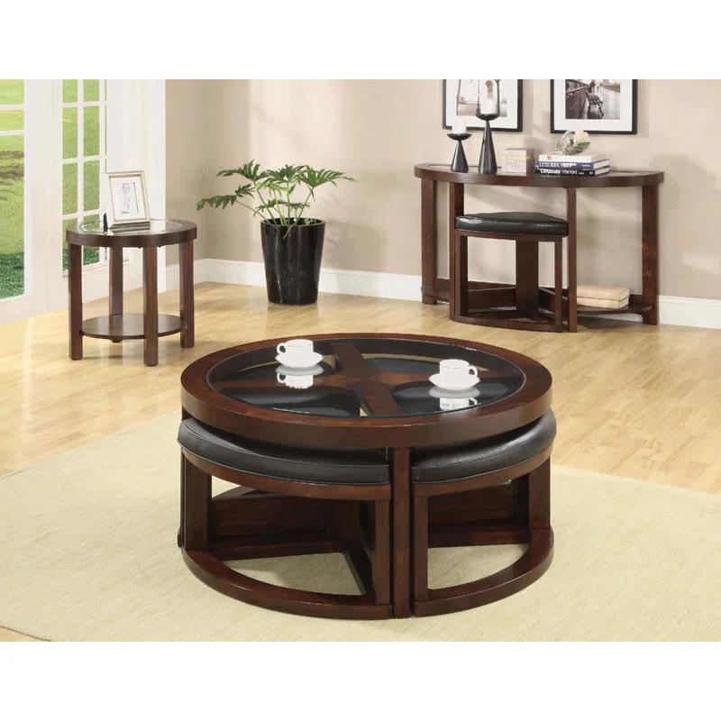 Hokku Designs Dark Walnut Coffee Table Glass Insert Top Ottoman Included Table Set Living Room Furniture
