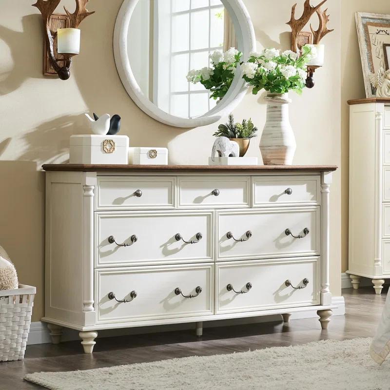 OKD Ojaswi Farmhouse 7 - Drawer Dresser, Wood Rustic Dresser Chest of Drawers with 2 Size Drawers for Bedroom, Living Room