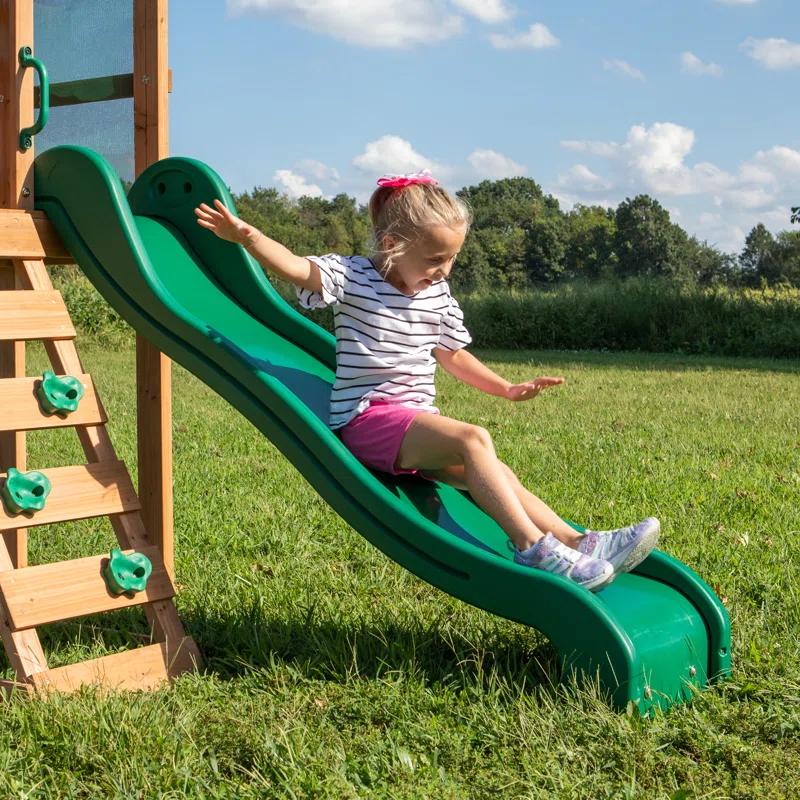 Backyard Discovery Buckley Hill Cedar Wood Swing Set with Wave Slide, Play Deck, Rock Wall Ladder, and Chalkboard & Reviews | Wayfair