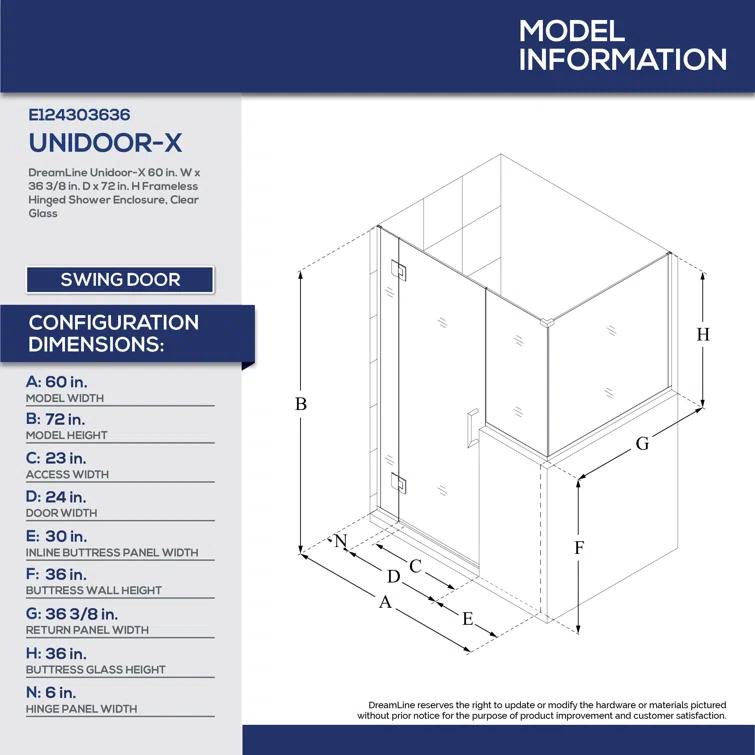 DreamLine Unidoor-X 60 W x 36.38 D x 72 H Frameless Rectangle Hinged Shower Enclosure E124303636-01