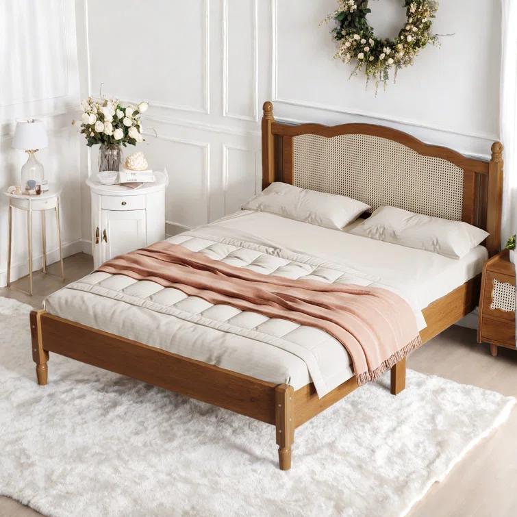 Velvetvanguards Bohemian Wooden Platform Bed With Natural Rattan Headboard And Arc Design