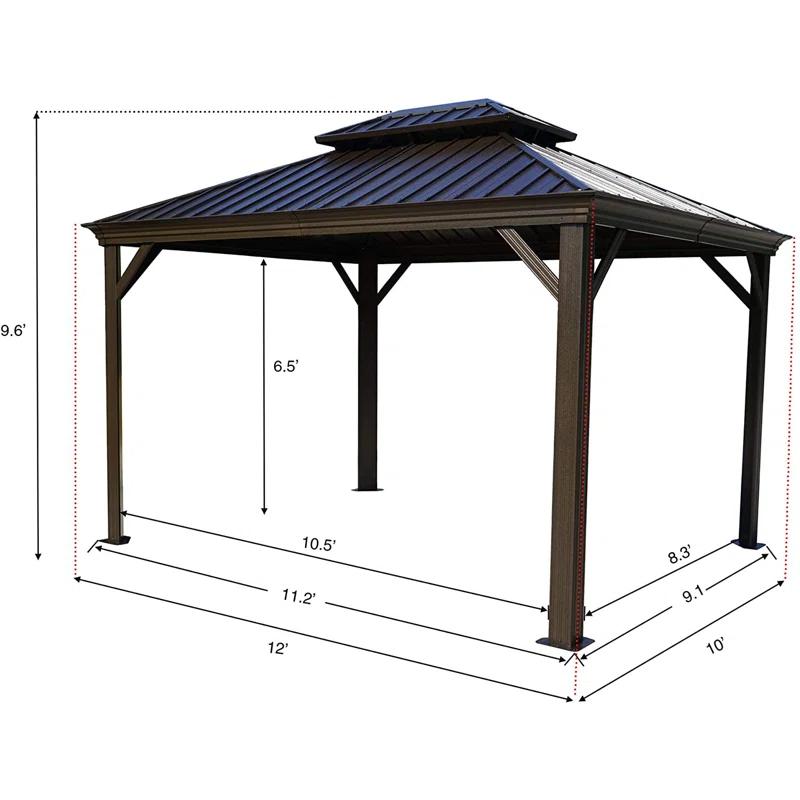 Arlmont & Co. Istref 10x12 Dark Brown Double Roof Hardtop Gazebo with Curtain and Mosquito Netting