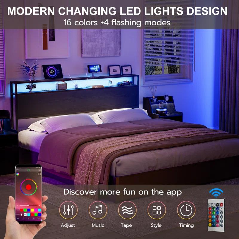 Kaiwei Storage Headboard With Led Lights & Charging Station - Industrial Metal And Wood