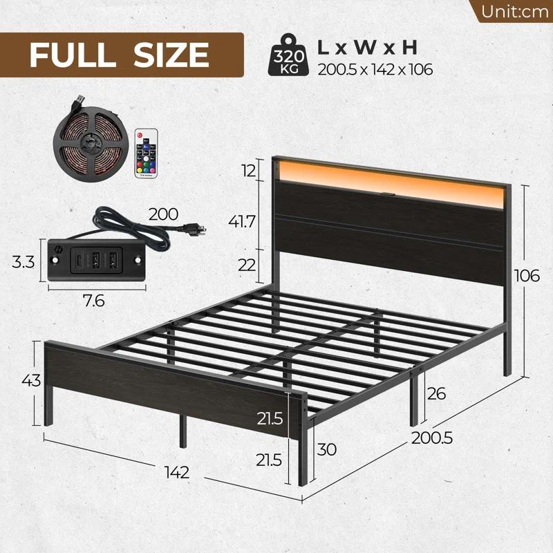 Ivy Bronx Deviana Metal Bed Frame with Headboard & Footboard and Charging Station, LED Light Included