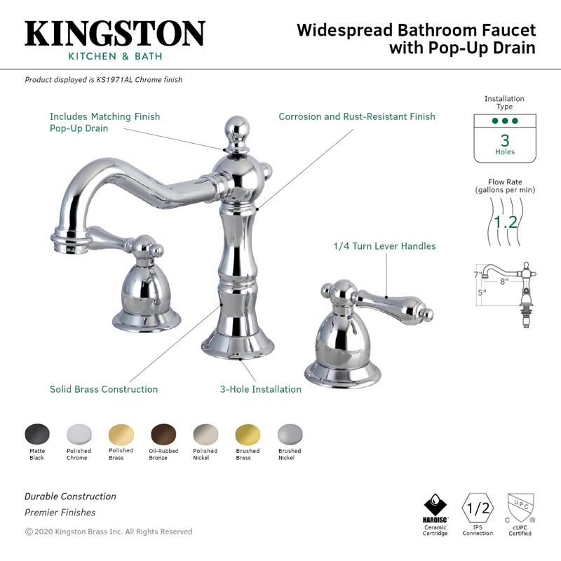 Kingston Brass Heritage Two-Handle 3-Hole Deck Mount Widespread Bathroom Faucet with Brass Pop-Up Drain