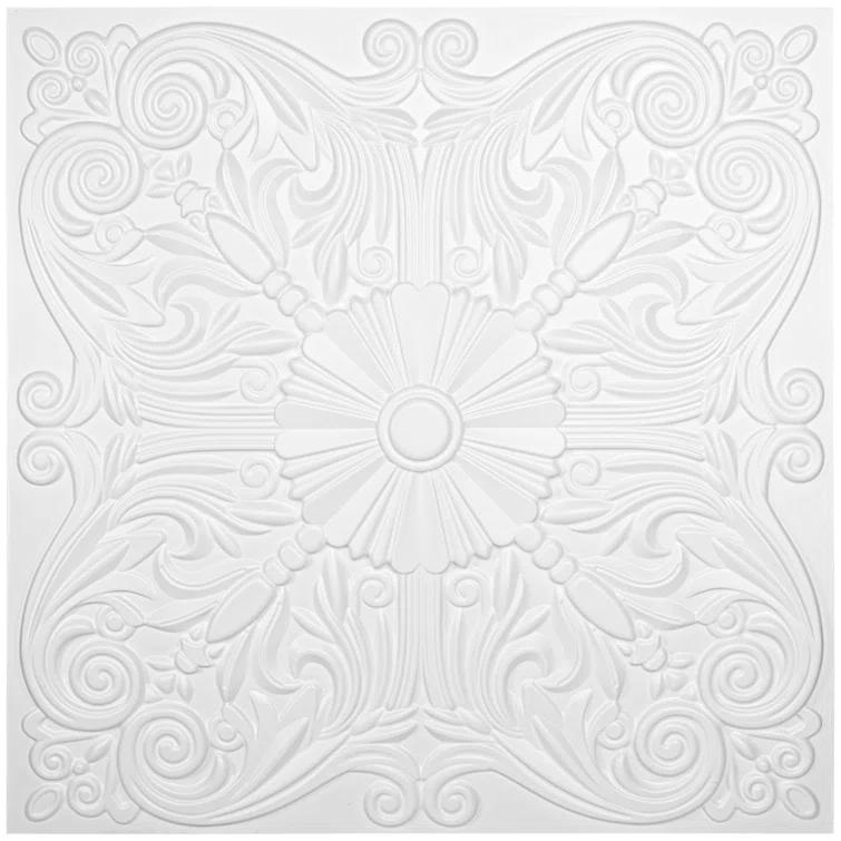 Art3d Art3d Decorative Ceiling Tile 2x2 Glue up, Lay in Ceiling Tile 24x24 Pack of 12pcs Spanish Floral in Matt White