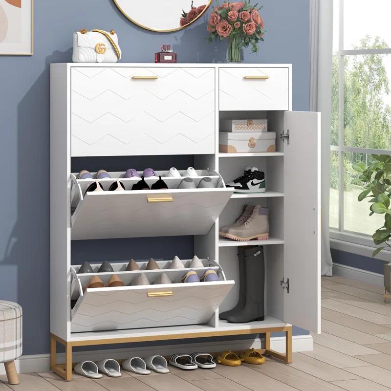 Everly Quinn Shoe Storage Cabinet, Free Standing Shoe Organizer with 3 Flip Drawers and Side Cabinet