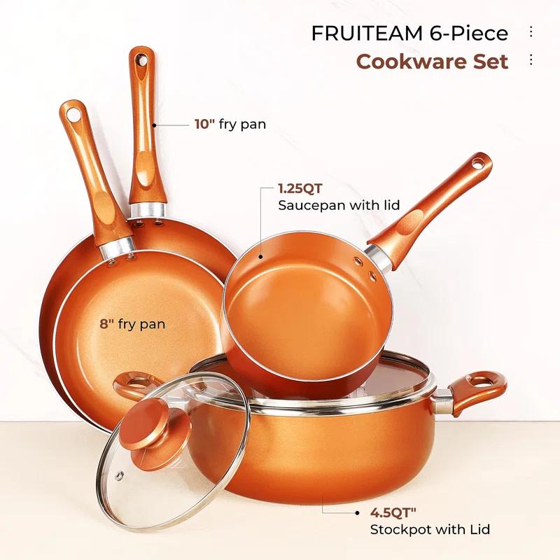 COEN 6-Piece Ceramic Nonstick Cookware Set - Aluminum Soup Pot, Sauce Pan, and Frying Pans with Lid