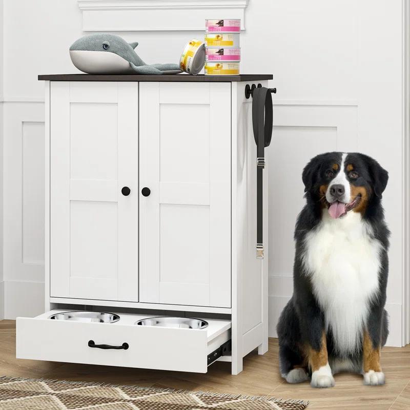 Awevsco Dog Feeding Station, Dog Food Storage Cabinet With Hidden Dog Bowls, Adjustable Panel, Hooks, For Medium Sized Dogs, White