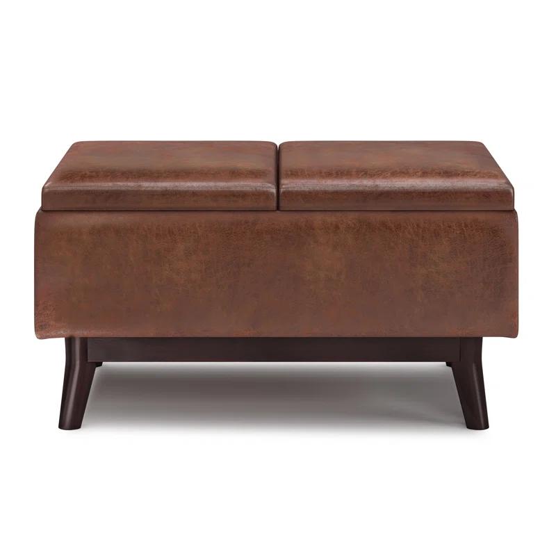 Simpli Home Owen 34"W Small Upholstered Coffee Table Storage Ottoman with Flip-Over Tray Top and Solid Wood Legs