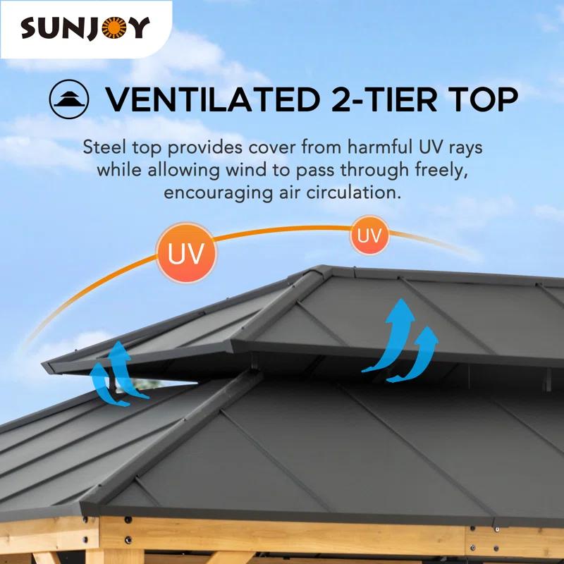 Sunjoy Sunjoy 12x16 ft. Wood Gazebo, Outdoor Patio Steel Hardtop Gazebo, Cedar Framed Wooden Gazebo with 2-tier Metal Roof, Suitable for Patios, Lawn and Backyard