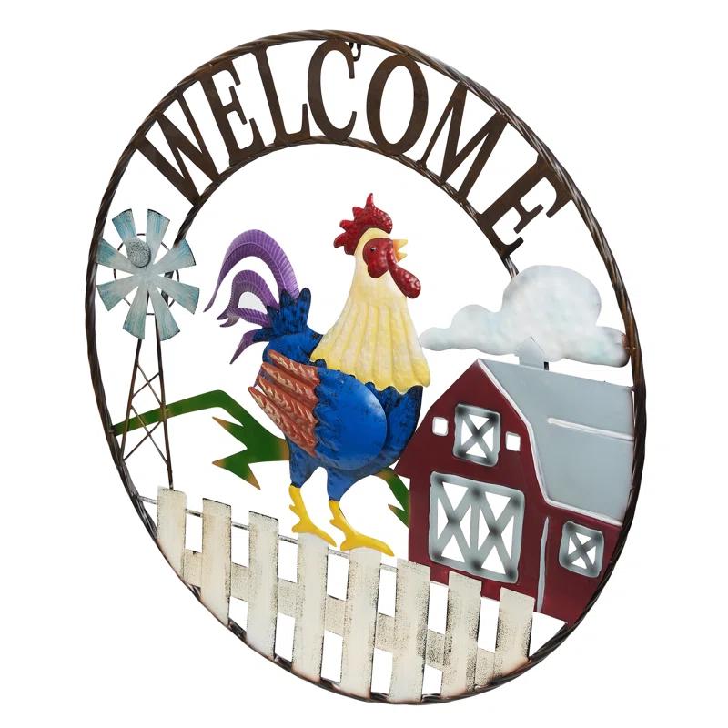 Alpine 30"H Large Round Rooster and Farm Welcome Wall Sign