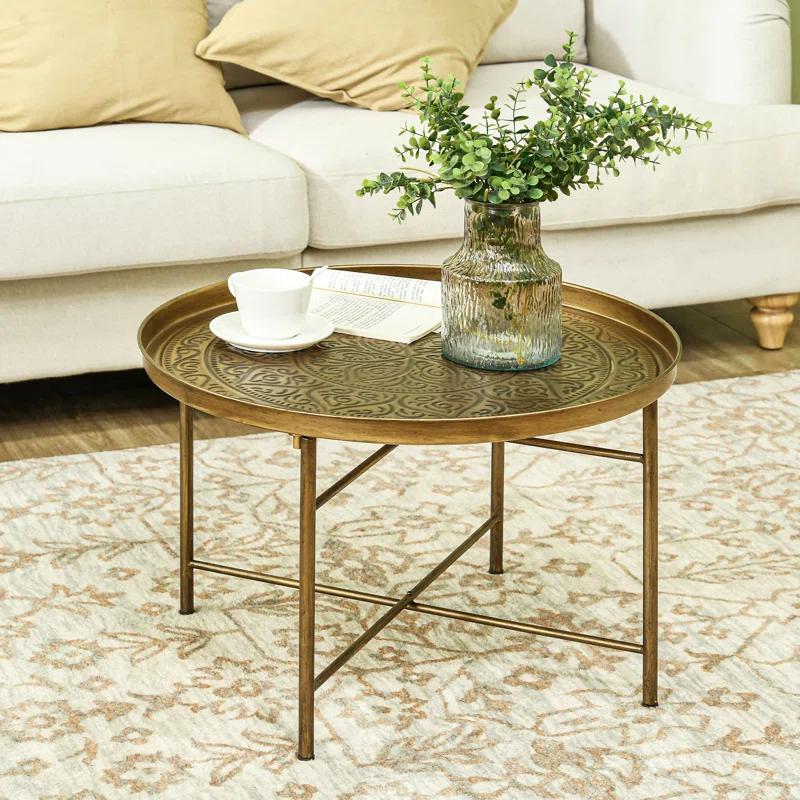 Dakota Fields 24" Round Coffee Table with Hammered Tray Top & Metal Frame, Gold