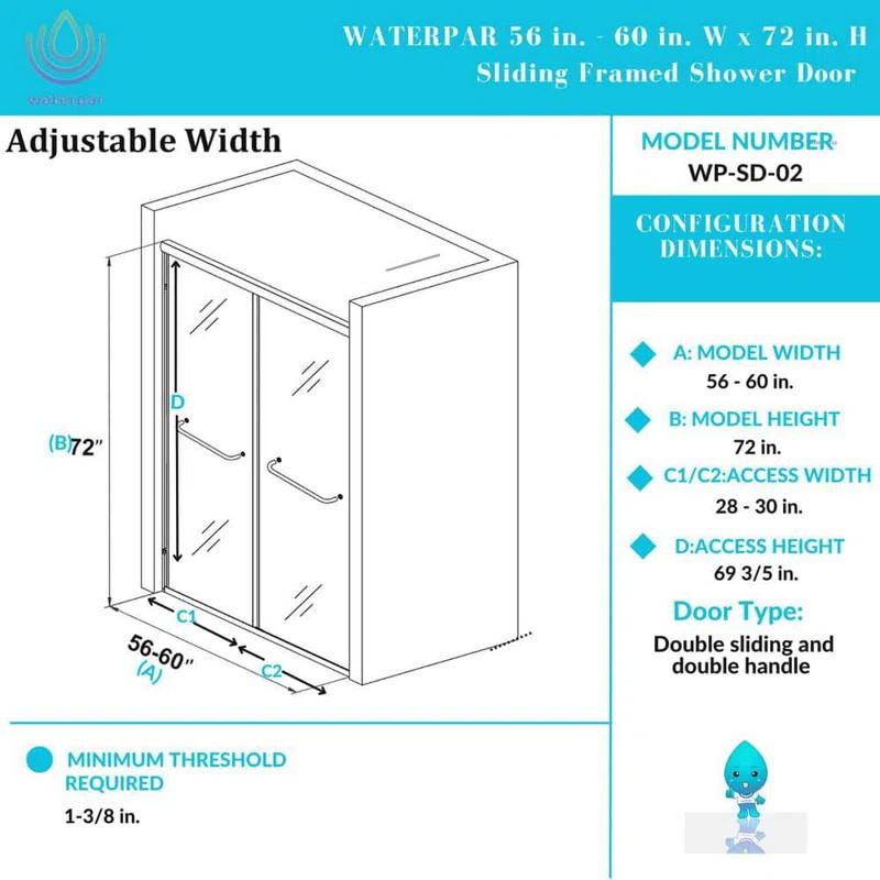 Waterpar WP1186072ORB 56''-60'' W x 72'' H Door Semi-Frameless Shower Door with Two Handles and Clear Glass
