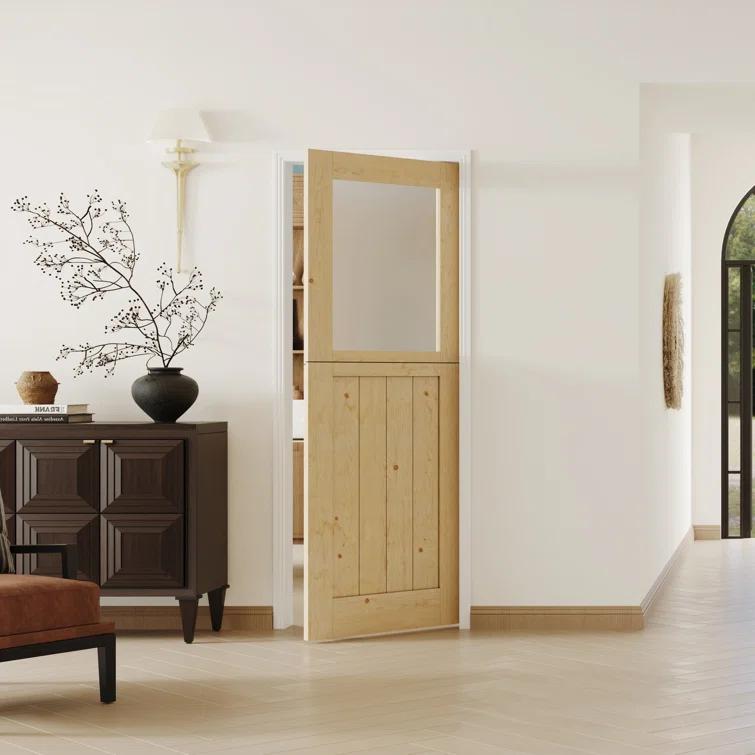 DOOOLI Dutch Door- Half Transpatent Glass+Natural Pine Wood Interior Door Prehung Slab Doors With Door Frame（No pre-drilled holes)