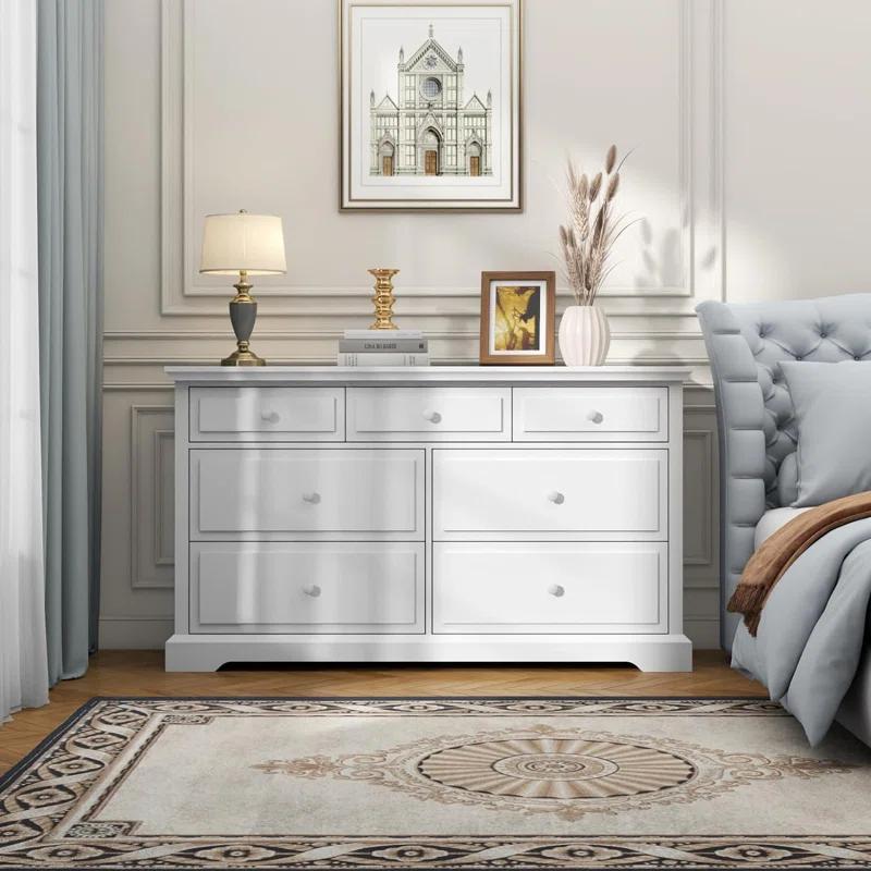 Raydyn 7 Drawers White Double Dressers Chests for Bedroom, Large Storage Dressers Organizer for Bedroom, Long Dresser Tv Stand, Vintage Solid Tall Closet Dressers with Storage for Living Room, Hallway