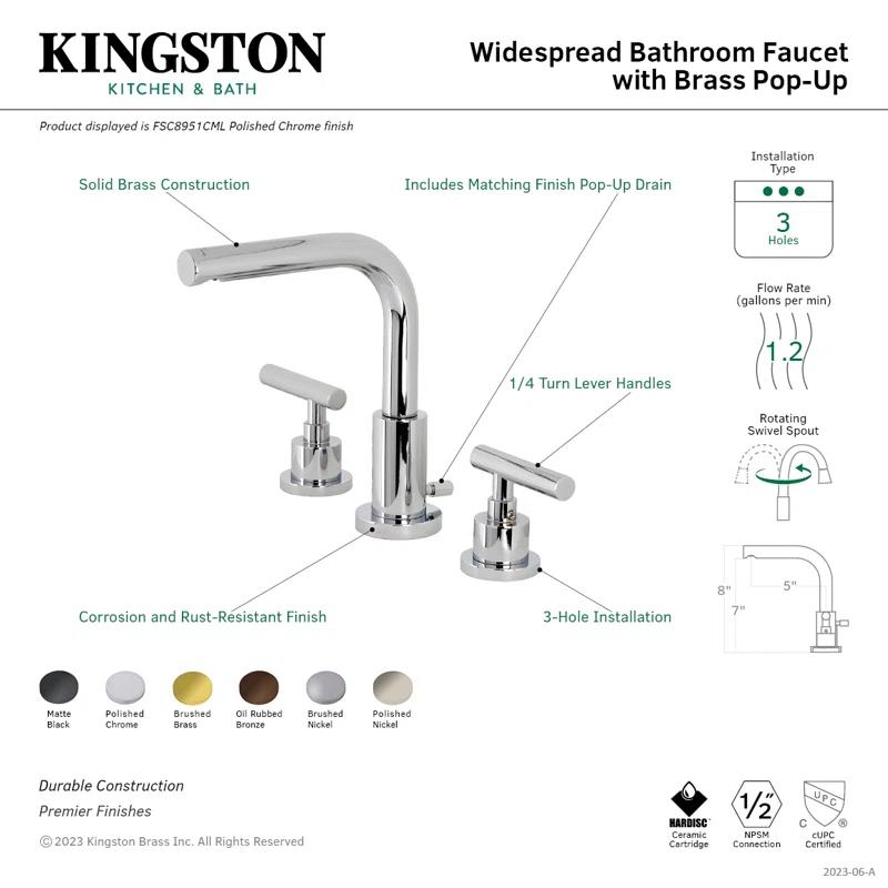 Kingston Brass FSC8958CML Kingston Brass Manhattan Two-Handle 3-Hole Deck Mount Widespread Bathroom Faucet with Brass Pop-Up Drain