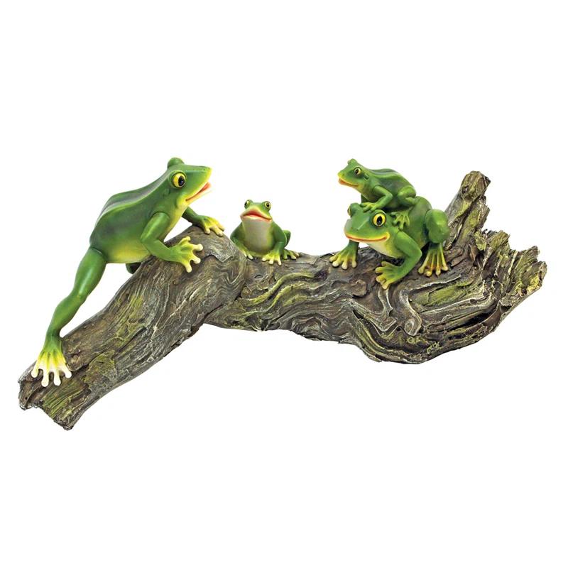 Playful Green Tree Frogs on Log Garden Statue