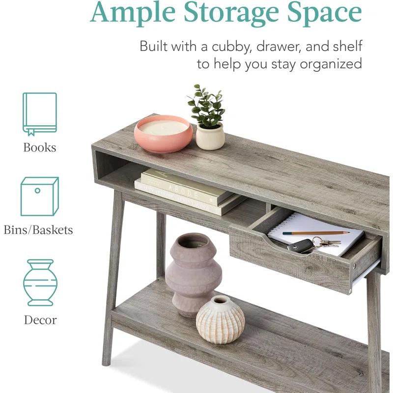 George Oliver Mid-Century Modern Console Table, Sofa Table, Accent Furniture For Hallway, Living Room, Entryway Foyer Space-Saving W/Cubby, Drawer, Lower Storage Shelf - Gray Oak