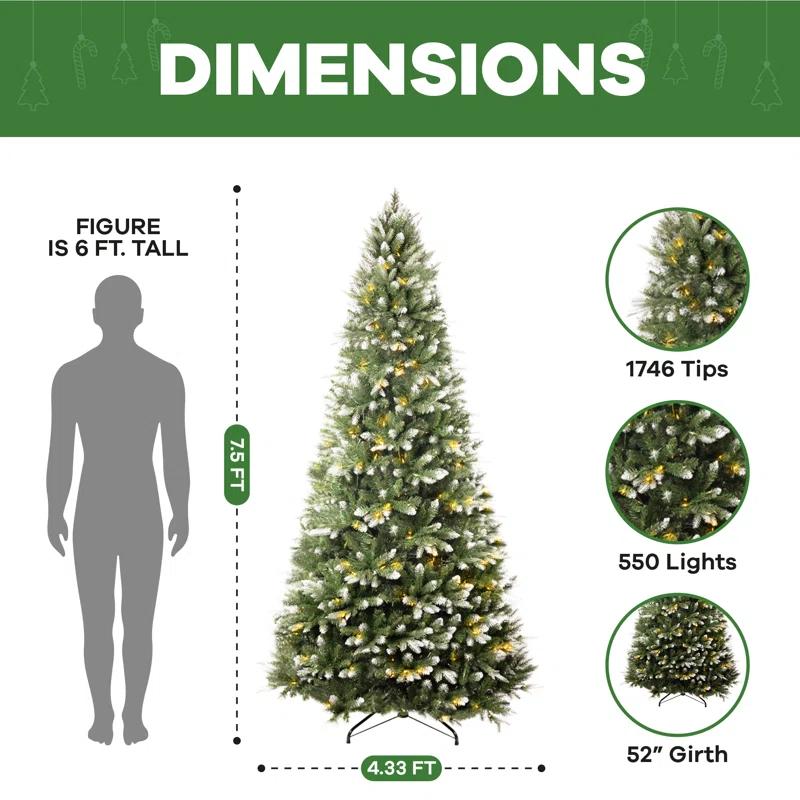 The Holiday Aisle® Traditional Pre-Lit Artificial Fir Christmas Tree, White Tip Warm Lighted Christmas Tree with Stand