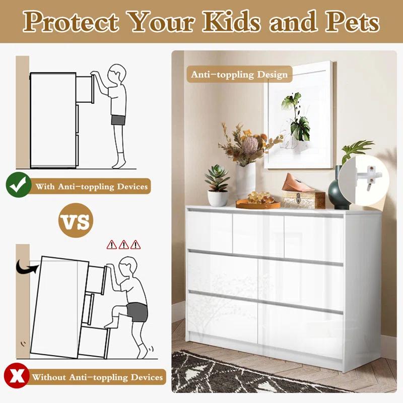Ebern Designs White Dresser for Bedroom with 7 Drawers, Modern High Gloss Large Dresser with 7 Handle Free Drawers, 55 Inch Wooden Long Dresser, Storage Chest of Drawers