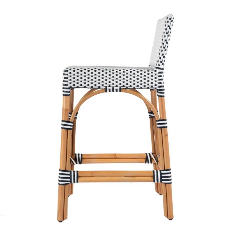 White and Navy Dot Rattan Low Back Counter Stool