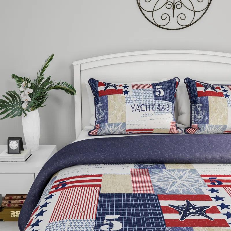 Quilt Set - Nautical Americana Patchwork Print All-Season Soft Microfiber Bedding with Pillow Sham