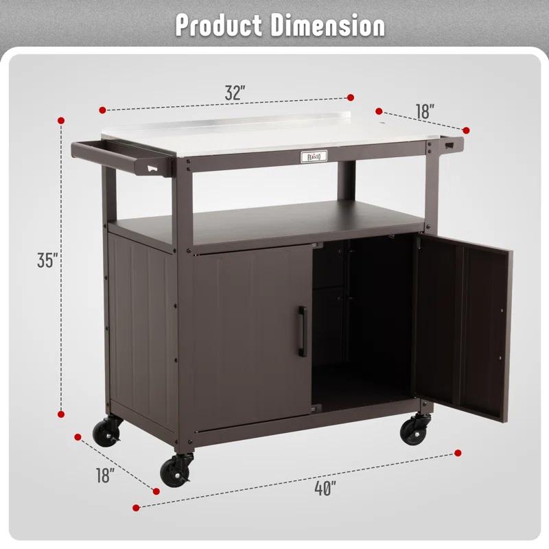 Feasto Feasto Outdoor Grill Cart with Stainless Steel Tabletop and Storage Cabinet, Movable Kitchen Island with Wheels for BBQ Food Prep