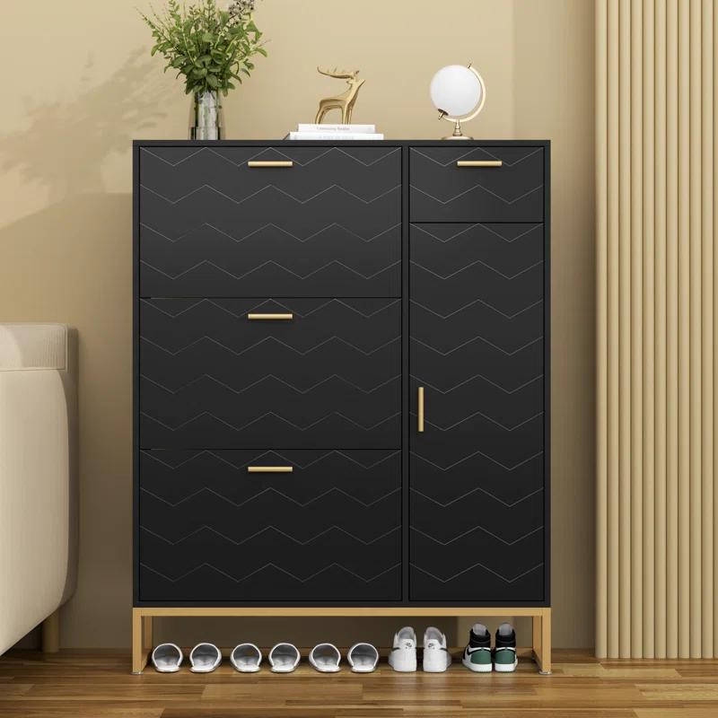 Everly Quinn Shoe Storage Cabinet, Free Standing Shoe Organizer with 3 Flip Drawers and Side Cabinet