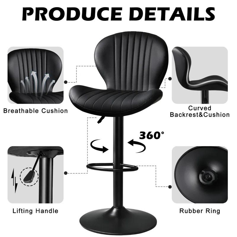 George Oliver Bar Stools Set Of 2,Adjustable Swivel Counter Height Bar Stools With Back & Footrest,Modern Design Bar Chairs,Faux Leather Upholstered Barstools For Bar,Kitchen,Dining Room (Black, Set Of 2)