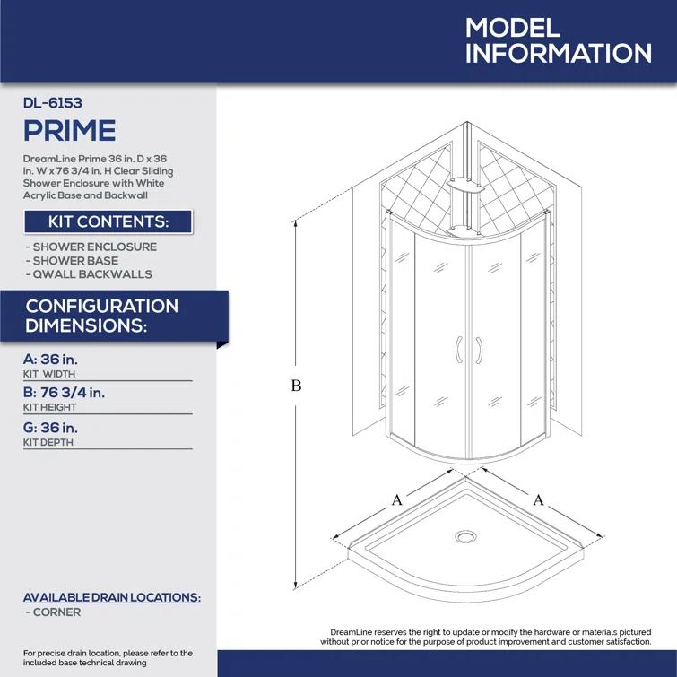 DreamLine Prime 36" W x 36" D x 76.75" H Semi Frameless Round Sliding Shower Enclosure with Base Included DL-6153-01FR