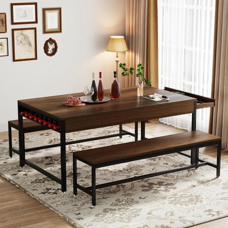 17 Stories Zubie 63"Dining Table Set for 4-6, 3-Piece Kitchen Table with 2 Utensil Drawers,2 Benches&Wine Rack