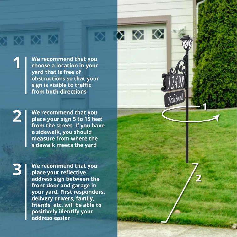 Address America Double-Sided Reflective Boardwalk Lawn Address Sign With Name Rider And LED Solar Light on 58" Pole